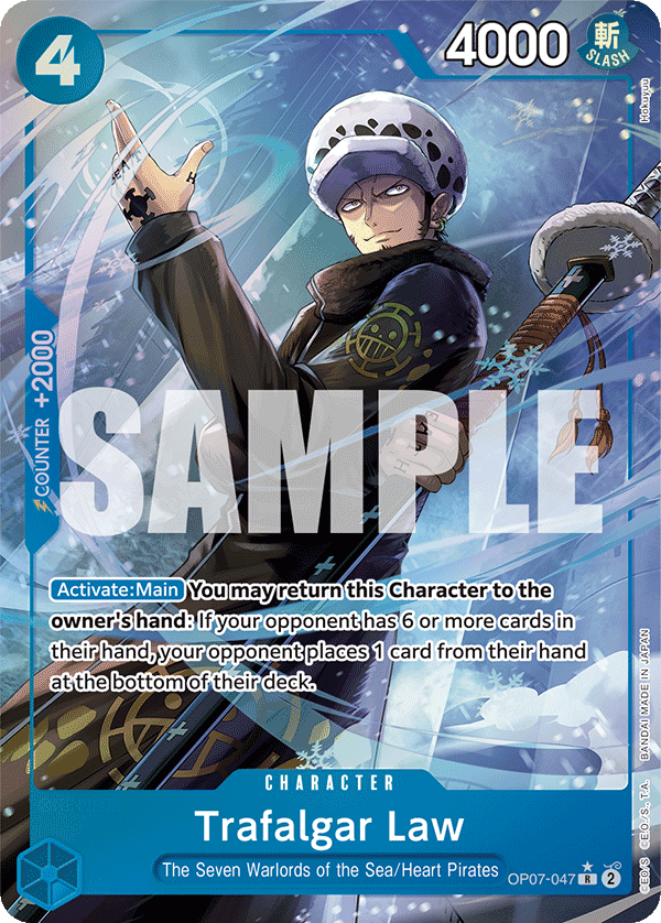 Trafalgar Law OP07-047, the R printing from OP-07 of the One Piece Card Game