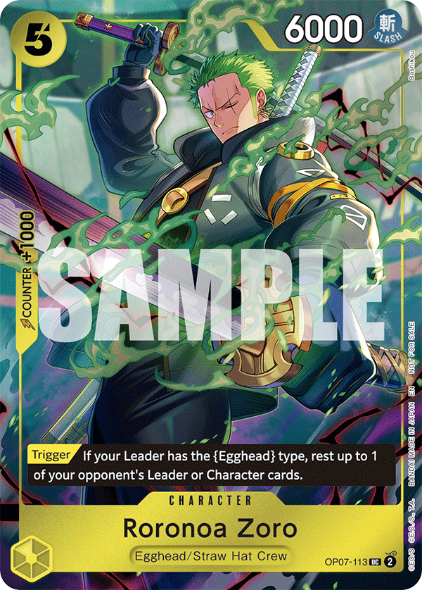 Roronoa Zoro OP07-113, the UC printing from OP-07 of the One Piece Card Game