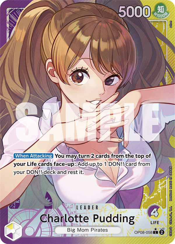 Charlotte Pudding OP08-058, the L printing from OP-08 of the One Piece Card Game
