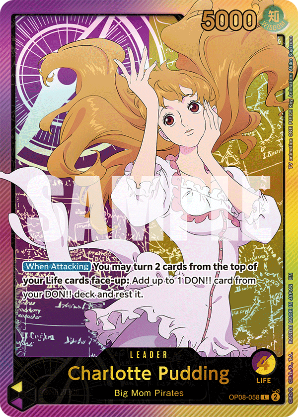 Charlotte Pudding OP08-058, the L printing from OP-08 of the One Piece Card Game