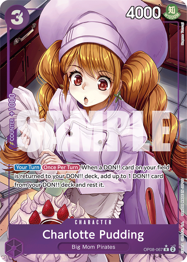 Charlotte Pudding OP08-067, the R printing from OP-08 of the One Piece Card Game