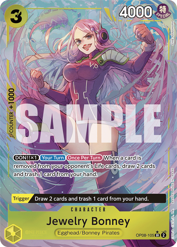 Jewelry Bonney OP08-105, the SR printing from OP-08 of the One Piece Card Game