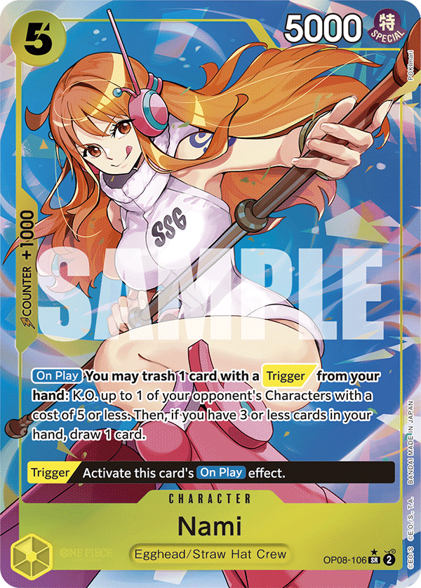 Nami OP08-106, the SR printing from OP-08 of the One Piece Card Game