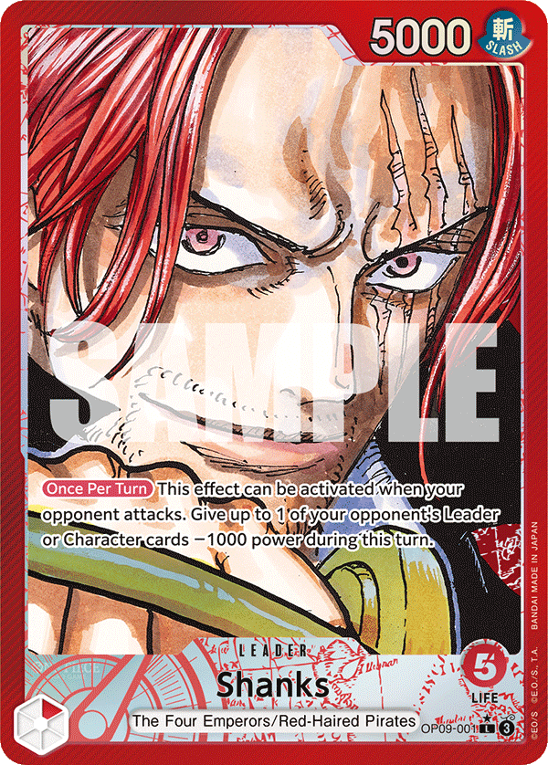 Shanks OP09-001, the L printing from OP-09 of the One Piece Card Game