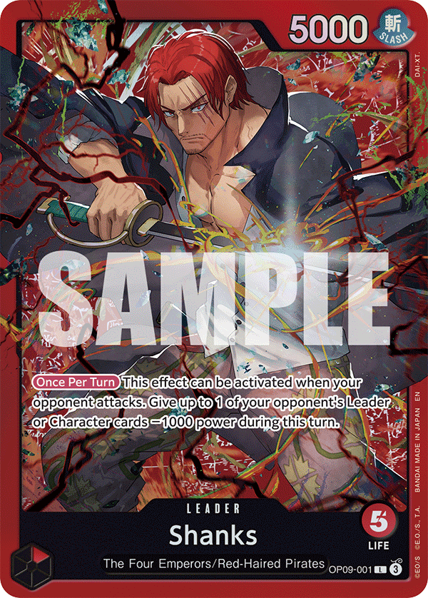 Shanks OP09-001, the L printing from OP-09 of the One Piece Card Game