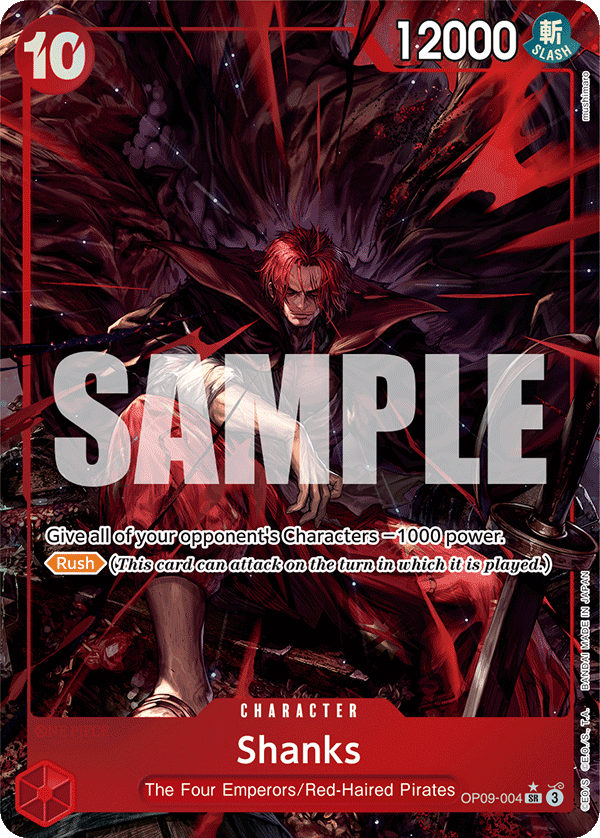 Shanks OP09-004, the SR printing from OP-09 of the One Piece Card Game