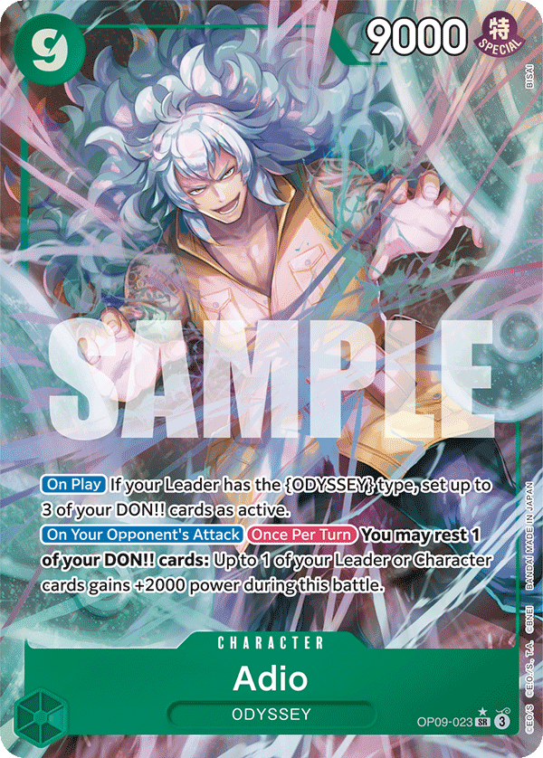 Adio OP09-023, the SR printing from OP-09 of the One Piece Card Game