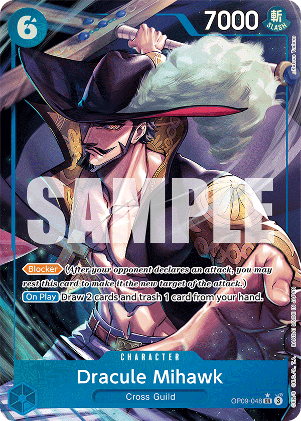 Dracule Mihawk OP09-048, the SR printing from OP-09 of the One Piece Card Game