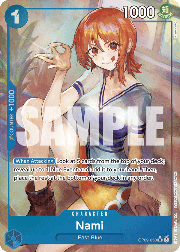 Nami OP09-050, the R printing from OP-09 of the One Piece Card Game
