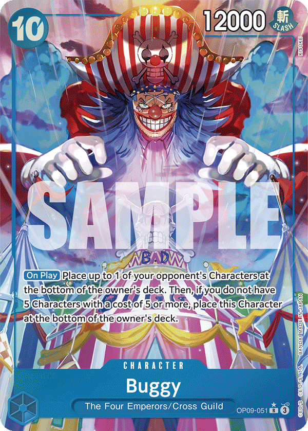 Buggy OP09-051, the R printing from OP-09 of the One Piece Card Game