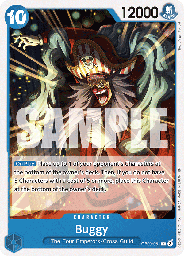 Buggy OP09-051, the R printing from OP-09 of the One Piece Card Game