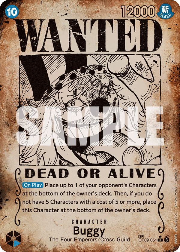 Buggy OP09-051, the SP printing from OP-09 of the One Piece Card Game