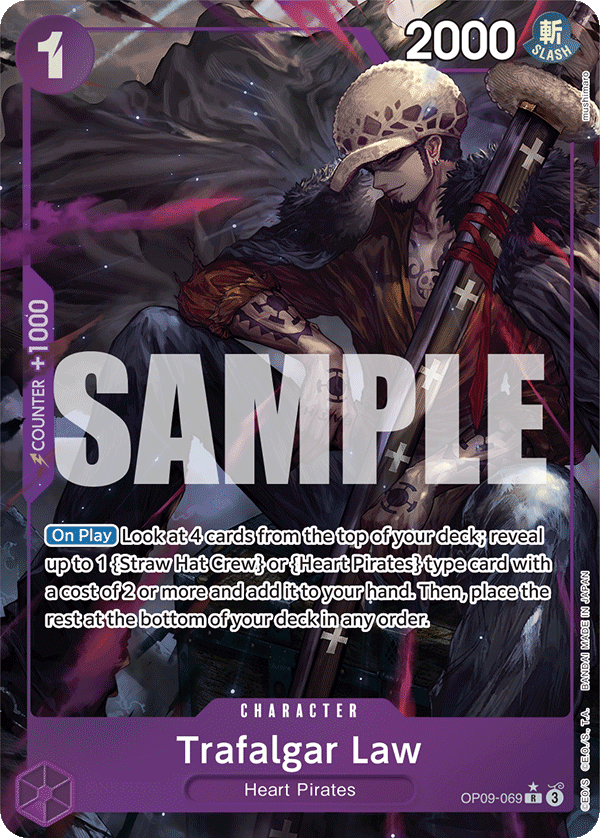 Trafalgar Law OP09-069, the R printing from OP-09 of the One Piece Card Game