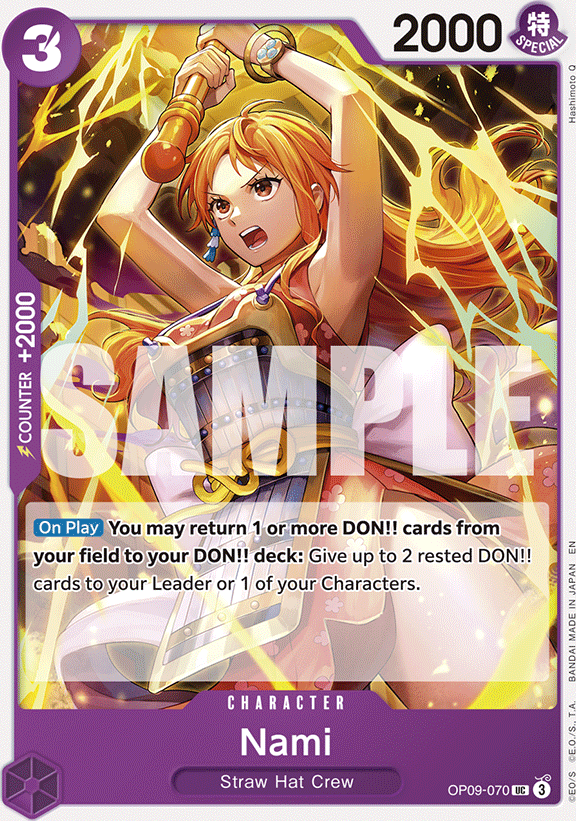 Nami OP09-070, the UC printing from OP-09 of the One Piece Card Game