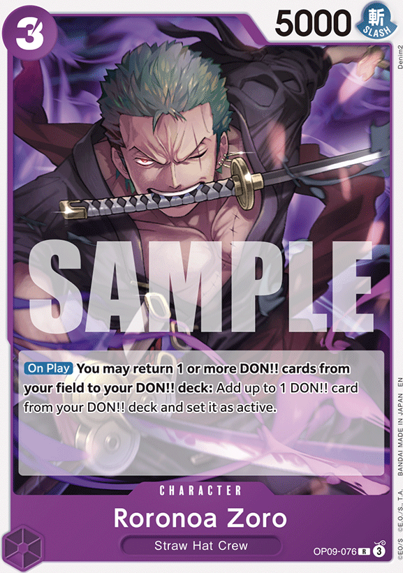 Roronoa Zoro OP09-076, the R printing from OP-09 of the One Piece Card Game
