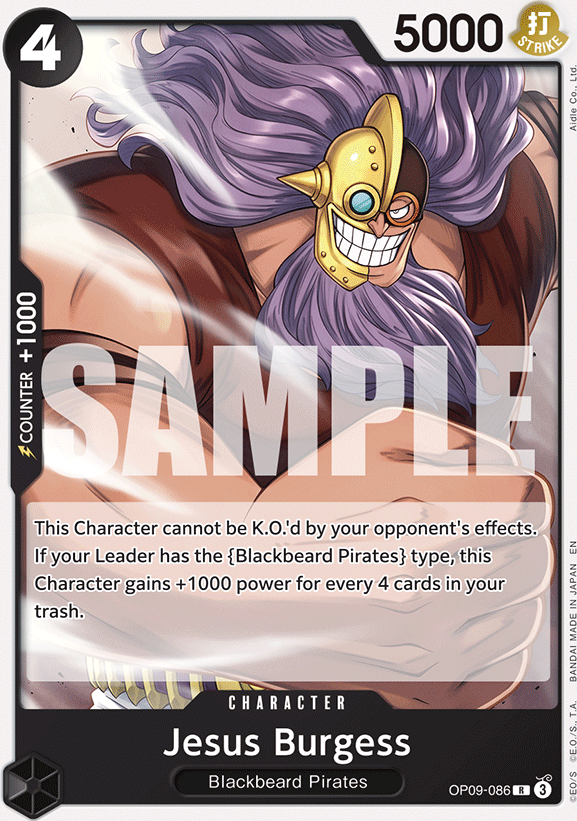 Jesus Burgess OP09-086, the R printing from OP-09 of the One Piece Card Game