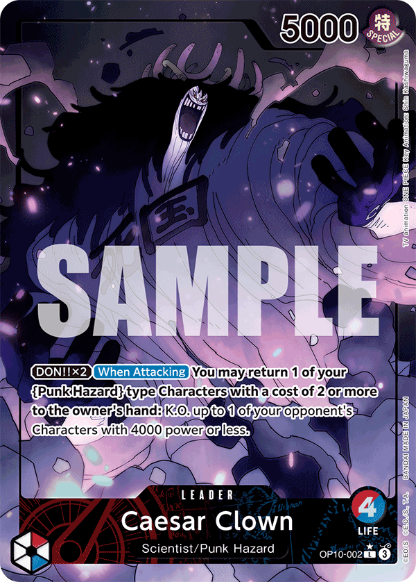 Caesar Clown OP10-002, the L printing from OP-10 of the One Piece Card Game