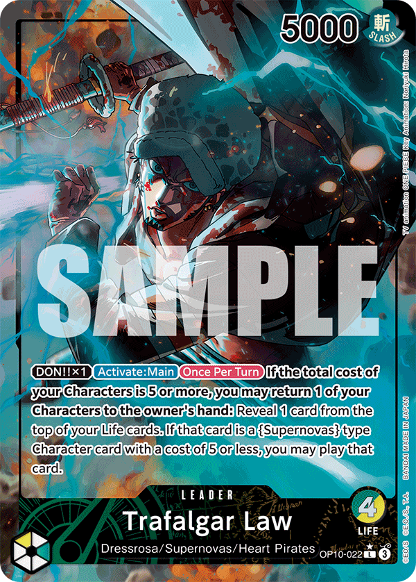 Trafalgar Law OP10-022, the L printing from OP-10 of the One Piece Card Game
