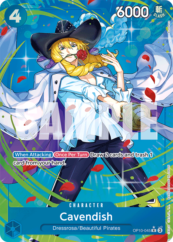 Cavendish OP10-045, the R printing from OP-10 of the One Piece Card Game