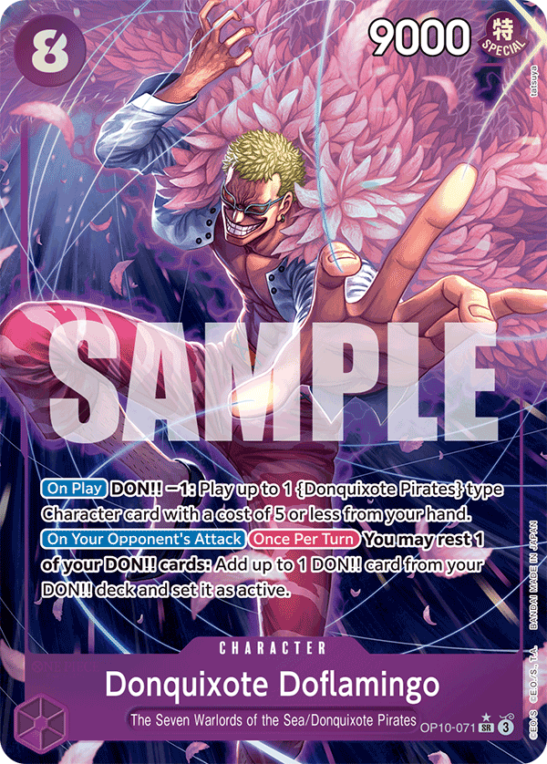 Donquixote Doflamingo OP10-071, the SR printing from OP-10 of the One Piece Card Game