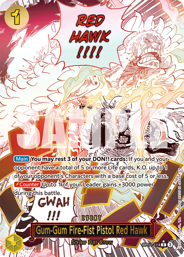 Gum-Gum Fire-Fist Pistol Red Hawk OP11-114, the R printing from OP-11 of the One Piece Card Game