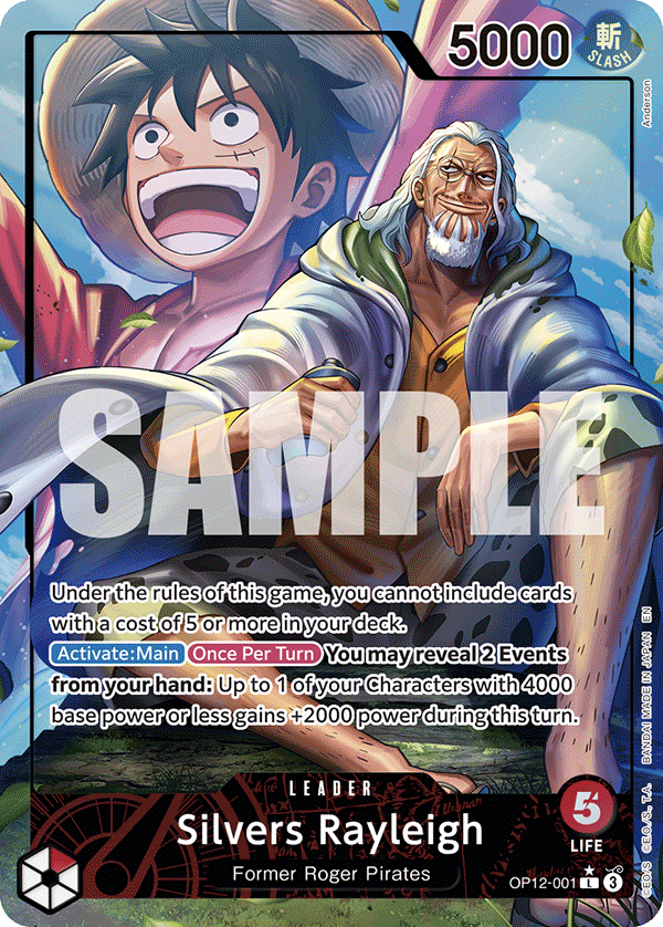 Silvers Rayleigh OP12-001, the L printing from OP-12 of the One Piece Card Game