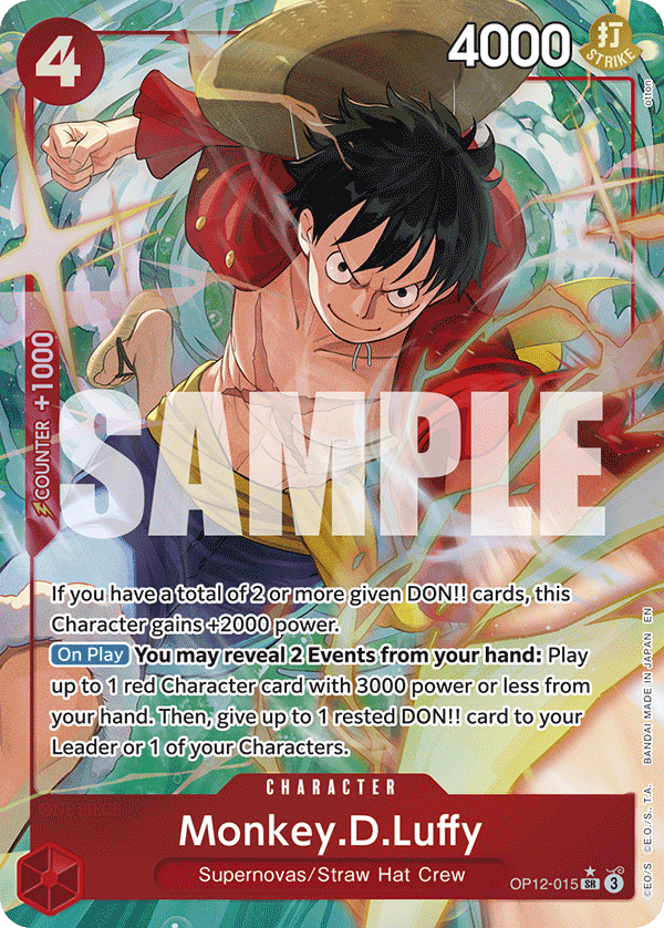 Monkey D. Luffy OP12-015, the SR printing from OP-12 of the One Piece Card Game