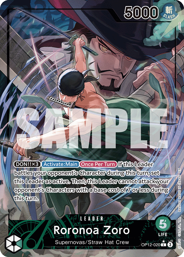 Roronoa Zoro OP12-020, the L printing from OP-12 of the One Piece Card Game