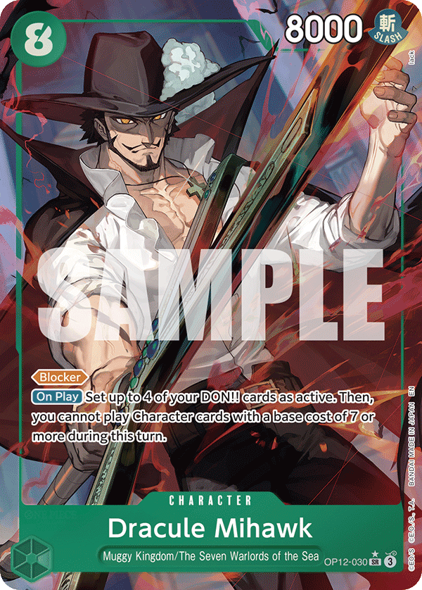 Dracule Mihawk OP12-030, the SR printing from OP-12 of the One Piece Card Game