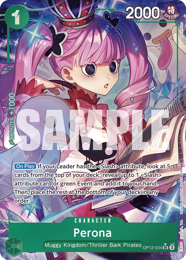 Perona OP12-034, the SR printing from OP-12 of the One Piece Card Game
