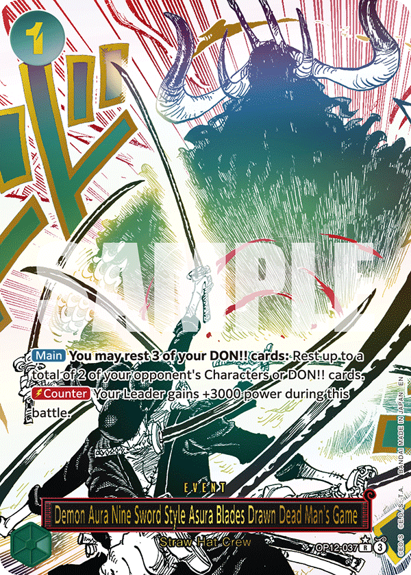 Demon Aura Nine Sword Style Asura Blades Drawn Dead Man's Game OP12-037, the R printing from OP-12 of the One Piece Card Game