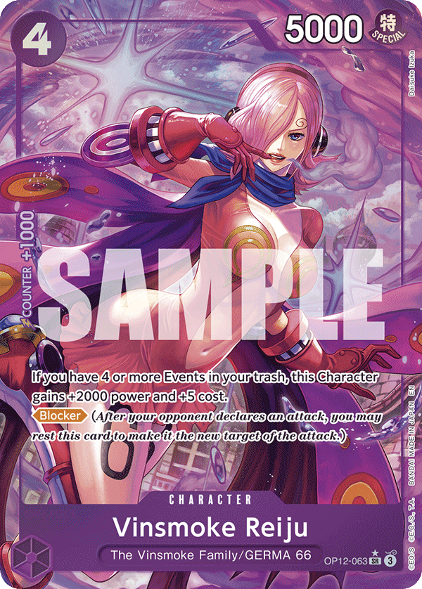 Vinsmoke Reiju OP12-063, the SR printing from OP-12 of the One Piece Card Game
