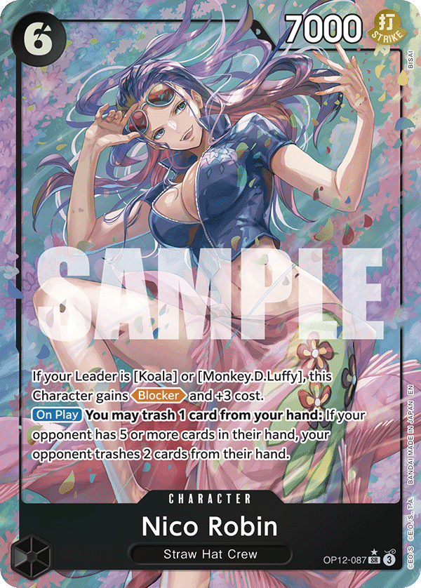Nico Robin OP12-087, the SR printing from OP-12 of the One Piece Card Game