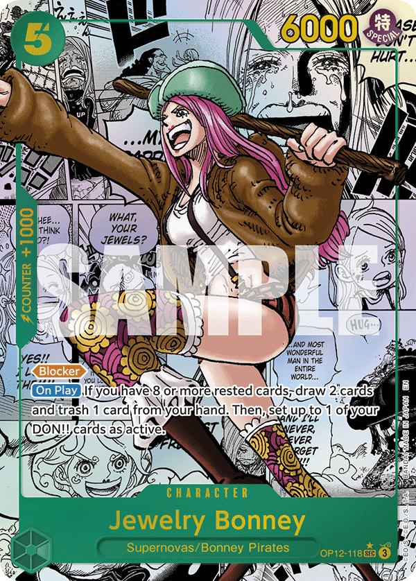 Jewelry Bonney OP12-118, the Manga printing from OP-12 of the One Piece Card Game