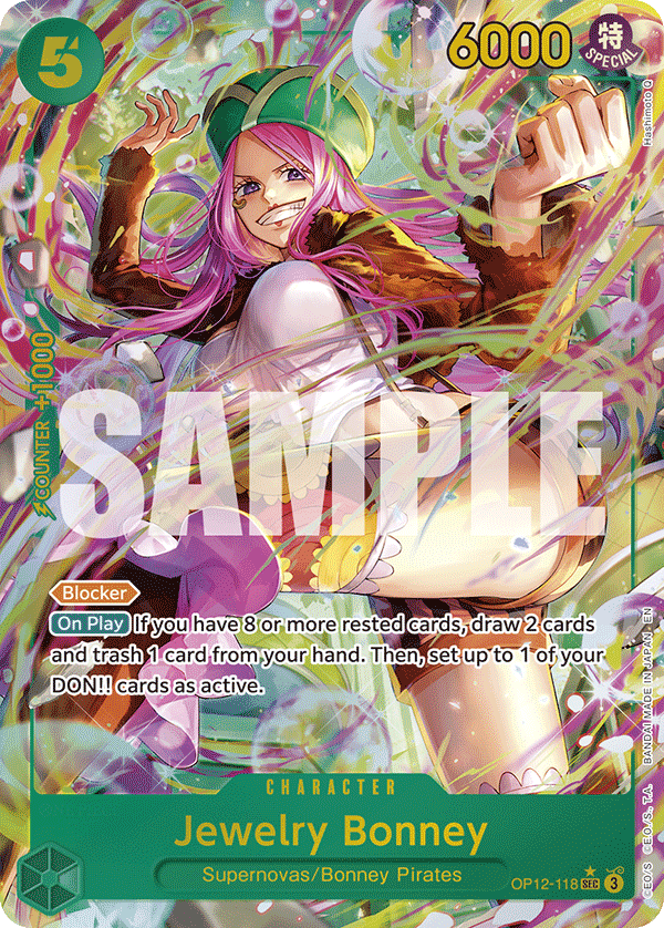 Jewelry Bonney OP12-118, the SEC printing from OP-12 of the One Piece Card Game