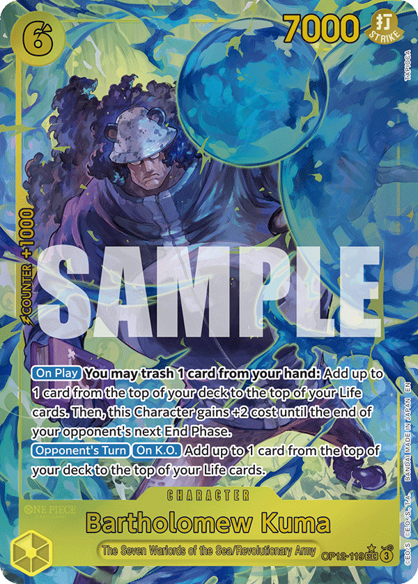 Bartholomew Kuma OP12-119, the SEC printing from OP-12 of the One Piece Card Game