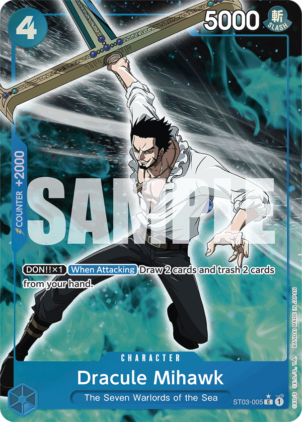 Dracule Mihawk ST03-005, the C printing from ST-03 of the One Piece Card Game