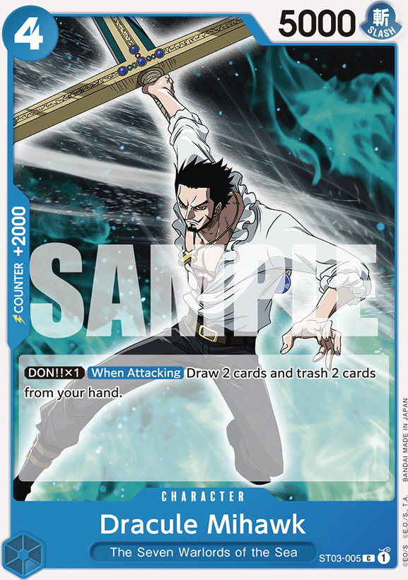 Dracule Mihawk ST03-005, the C printing from ST-03 of the One Piece Card Game