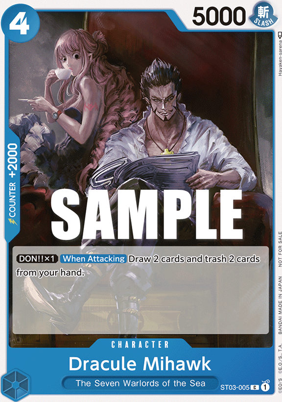 Dracule Mihawk ST03-005, the C printing from ST-03 of the One Piece Card Game